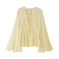 Women's Summer Elegant Chiffon Blouse V-Neck Long Flare Sleeve Front Tie-Up Top Solid Color Light Yellow Vacation Commuting Casual Shirt