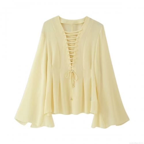 Women's Summer Elegant Chiffon Blouse V-Neck Long Flare Sleeve Front Tie-Up Top Solid Color Light Yellow Vacation Commuting Casual Shirt