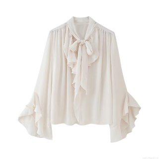Women's Elegant Chiffon Long Sleeve Blouse With Bow Tie Neckline And Ruffle Cuffs Solid Color Creamy White Office Commuter Shirt For Women