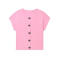 Women's Fashion Pink Knit Short Sleeve Top Sweet Round Neck T-Shirt With Silver Heart Buttons Elegant Knitted Cardigan Casual Short Top