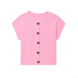 Women's Fashion Pink Knit Short Sleeve Top Sweet Round Neck T-Shirt With Silver Heart Buttons Elegant Knitted Cardigan Casual Short Top