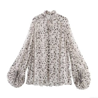 Women's Polka Dot Chiffon Blouse Elegant Ruffle Stand Collar Puff Long Sleeve Shirt Office Commuter Chic Single Breasted Tops For Women