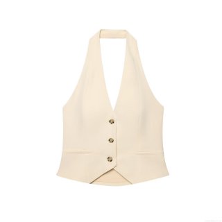 Women Sexy Halter Neck Vest Top 100% Polyester Slim Fit Button Down Sleeveless Waistcoat For Summer Daily Party Chic Beige Commuting Vest