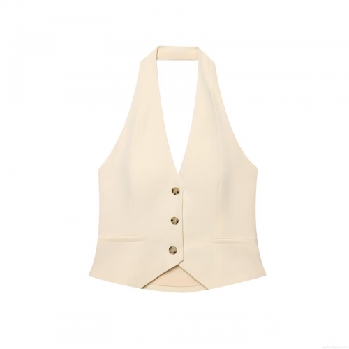Women Sexy Halter Neck Vest Top 100% Polyester Slim Fit Button Down Sleeveless Waistcoat For Summer Daily Party Chic Beige Commuting Vest