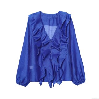 Women's Elegant Royal Blue Satin Blouse V-Neck Layered Ruffle Long Sleeve Shirt 100% Polyester Silk-Like Top For Office Casual Summer Wear