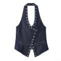 Sexy Women's Dark Blue Denim Look Halter Neck Top Backless Rivet Button Crop Top Summer Sleeveless Tank Top For Party Vacation Clubwear
