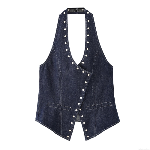 Sexy Women's Dark Blue Denim Look Halter Neck Top Backless Rivet Button Crop Top Summer Sleeveless Tank Top For Party Vacation Clubwear