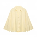 Women's Casual Long Sleeve Blouse Light Yellow 100% Polyester Loose Fit Shirt With Wide Sleeves And Lapel Button Down Top For Summer Vacation