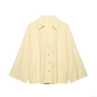 Women's Casual Long Sleeve Blouse Light Yellow 100% Polyester Loose Fit Shirt With Wide Sleeves And Lapel Button Down Top For Summer Vacation