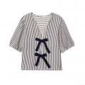 Women's Summer Striped Seersucker Blouse V Neck Bow Tie Front Puff Sleeve Casual Top Loose Fit Pullover Shirt for Daily Wear