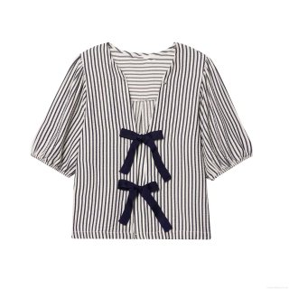 Women's Summer Striped Seersucker Blouse V Neck Bow Tie Front Puff Sleeve Casual Top Loose Fit Pullover Shirt for Daily Wear
