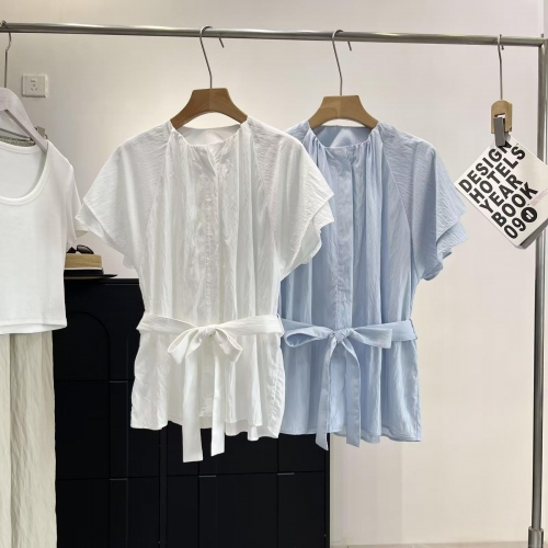 Women Summer Pleated Short Sleeve Blouse Elegant Round Neck Tie Waist Shirt Top Casual Slim Fit Textured Solid Color Chiffon Style Blouse For Women