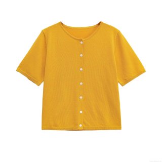Women Knitted Cardigan Mercerized Cotton Short Sleeve Round Neck Button Down Solid Color Casual Summer Top Minimalist Soft Lightweight Tee For Women