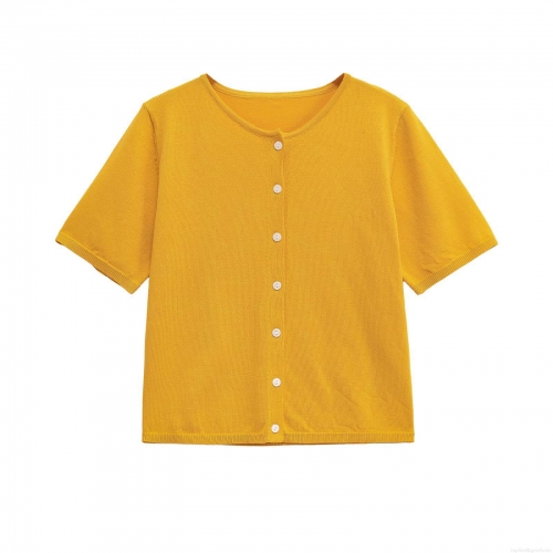 Women Knitted Cardigan Mercerized Cotton Short Sleeve Round Neck Button Down Solid Color Casual Summer Top Minimalist Soft Lightweight Tee For Women