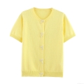Women's Sweet Short Sleeve Knit Cardigan Top With Artificial Pearl Bow Decoration Round Neck Button Down Summer Casual Knitwear For Ladies