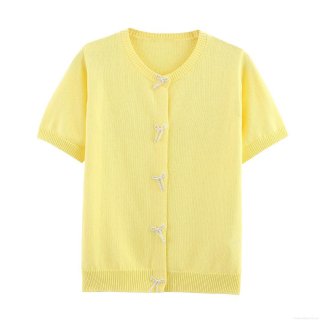 Women's Sweet Short Sleeve Knit Cardigan Top With Artificial Pearl Bow Decoration Round Neck Button Down Summer Casual Knitwear For Ladies