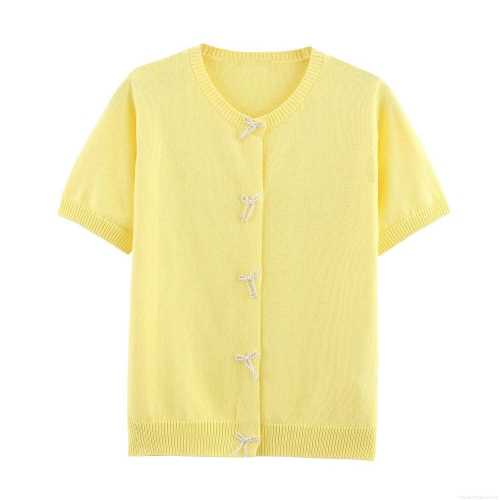 Women's Sweet Short Sleeve Knit Cardigan Top With Artificial Pearl Bow Decoration Round Neck Button Down Summer Casual Knitwear For Ladies