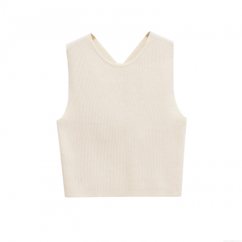 Women's Knit Tank Top Back Slit Round Neck Sleeveless Polyester Summer Casual Minimalist Camisole Knitwear For Ladies Daily Wear