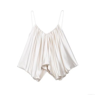 Sexy Women Satin Camisole Top With Pleated Ruffle Bubble Hem Backless V Neck Thin Straps Sleeveless Summer Party Elegant Solid Color Blouse