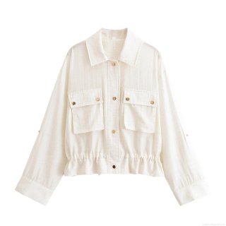 Women's Casual Off-White Polyester Shirt Jacket With Gold Buttons Flap Pockets Gathered Hem Long Sleeve Safari Style Shacket For Daily Travel