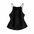 Women's Sexy Black Peplum Camisole Top Large Velvet Bow Spaghetti Straps Ruffle Hem Slim Fit Back Zipper Summer Party Sleeveless Top
