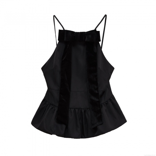 Women's Sexy Black Peplum Camisole Top Large Velvet Bow Spaghetti Straps Ruffle Hem Slim Fit Back Zipper Summer Party Sleeveless Top