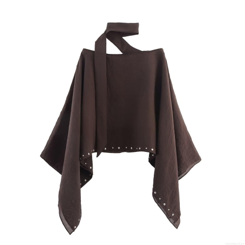 Women Long Sleeve Asymmetric Dark Brown Top Polyester Spandex Blend Metal Rivets Scarf Neck Loose Cloak For Summer Commuting Elegant Fashion