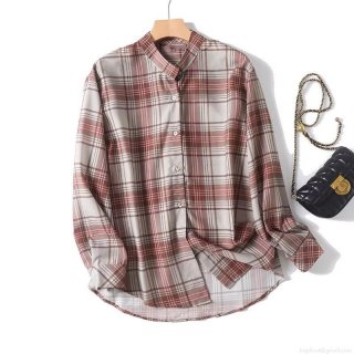 Women Vintage Plaid Long Sleeve Blouse 100% Polyester Stand Collar Button Down Shirt Casual Loose Fit Top For Daily Wear Fashion Retro Checkered Tunic
