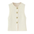 Women's Slim Fit Ribbed Knit Vest Sleeveless Cardigan With Gold Sunflower Buttons Round Neck Polyester Top For Office Daily Wear