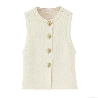 Women's Slim Fit Ribbed Knit Vest Sleeveless Cardigan With Gold Sunflower Buttons Round Neck Polyester Top For Office Daily Wear