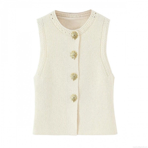 Women's Slim Fit Ribbed Knit Vest Sleeveless Cardigan With Gold Sunflower Buttons Round Neck Polyester Top For Office Daily Wear