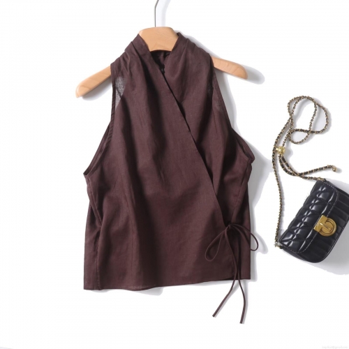 Women's Sleeveless Halterneck Wrap Top 70% Ramie And 30% Cotton V-Neck Side-Tie Solid Color Elegant Summer Blouse For Women Date Vacation