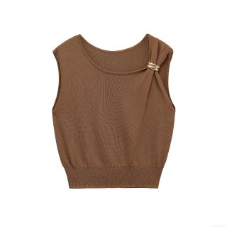Women's Summer Knitted Sleeveless Tank Top Fashion Minimalist Solid Color Casual Pullover Vest With Shoulder Metal Buckle Decoration For Women