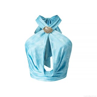 Women's Sexy Halter Top Blue Tie-dye Backless Satin Cami With Gold Metal Shell Buckle Summer Vacation Beach Party Cut-out Glossy Sleeveless Top