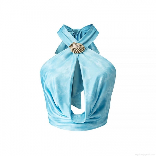 Women's Sexy Halter Top Blue Tie-dye Backless Satin Cami With Gold Metal Shell Buckle Summer Vacation Beach Party Cut-out Glossy Sleeveless Top