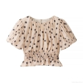 Women Polka Dot Puff Sleeve Chiffon T-Shirt Elegant Ruffle Hem Slim Fit Cinched Waist Pullover Top For Summer Dating Casual Sweet Style Beige