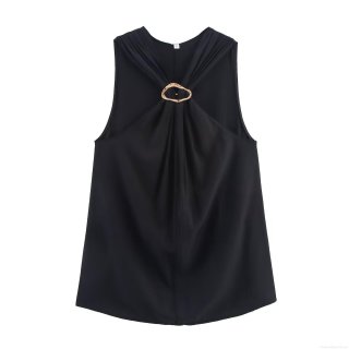 Women's Elegant Halter Neck Sleeveless T-Shirt With Decorative Metal Ring Solid Color Cooling Cotton Polyester Blend Slim Fit Summer Top For Ladies