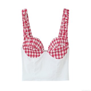 Women's Sexy Plaid Patchwork Camisole Top Slim Fit V-Neck Ruffle Shoulder Straps Corset Style Short Crop Top Summer Sleeveless Shirt For Daily Dating Women