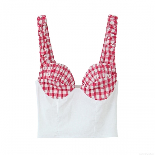 Women's Sexy Plaid Patchwork Camisole Top Slim Fit V-Neck Ruffle Shoulder Straps Corset Style Short Crop Top Summer Sleeveless Shirt For Daily Dating Women