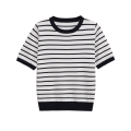 Women's Summer Casual Striped Knit Top Short Sleeve Round Neck Polyester Pullover T-Shirt For Women Daily Fashion Soft Breathable Striped Tee