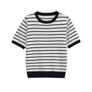Women's Summer Casual Striped Knit Top Short Sleeve Round Neck Polyester Pullover T-Shirt For Women Daily Fashion Soft Breathable Striped Tee