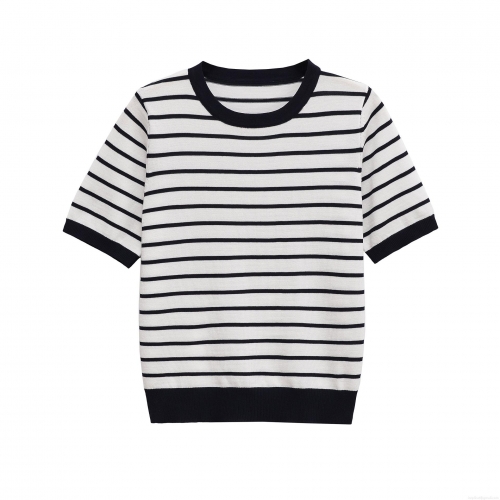 Women's Summer Casual Striped Knit Top Short Sleeve Round Neck Polyester Pullover T-Shirt For Women Daily Fashion Soft Breathable Striped Tee