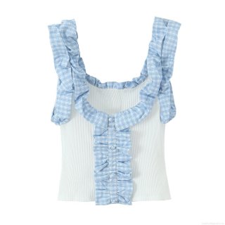 Women's Summer Sweet Gingham Plaid Patchwork Ribbed Knit Tank Top Ruffle Shoulder Strap Front Buttons Sexy Slim Fit Camisole for Vacation Party