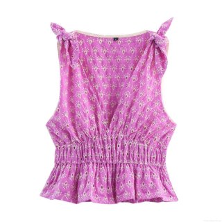 Women's Eyelet Embroidery Floral Camisole Top With Bow Tie Shoulder Straps V-Neck Smocked Waist Cotton Blend Slim Fit Sexy Summer Tank Top