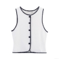 Women's Knit Vest Sleeveless Cardigan With Contrast Scallop Trim Round Neck Button Down Summer Slim Fit Tank Top For Ladies French Style Minimalist Elegant Knitwear
