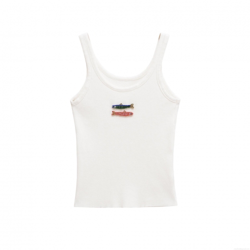 Women's Sexy Sweet Spicy Style White Ribbed Knit Tank Top Hand Beaded Fish Embroidery Mercerized Cotton Slim Fit Sleeveless U Neck Summer Top