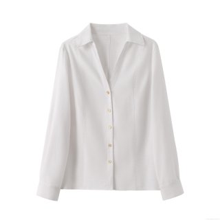 Women's Fashion White V Neck Shirt Elegant Linen Blend Long Sleeve Blouse With Gold Buttons Casual Rolled Sleeve Top For Office Commute Ladies Clothing