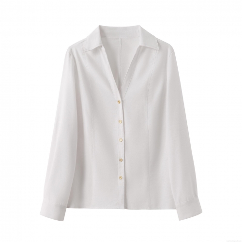 Women's Fashion White V Neck Shirt Elegant Linen Blend Long Sleeve Blouse With Gold Buttons Casual Rolled Sleeve Top For Office Commute Ladies Clothing