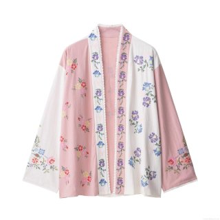 Women's Vintage Floral Embroidery Cardigan Pink White Patchwork V-Neck Long Sleeve Blouse Casual Lace Trim Open Front Shirt Summer Light Jacket Top for Women