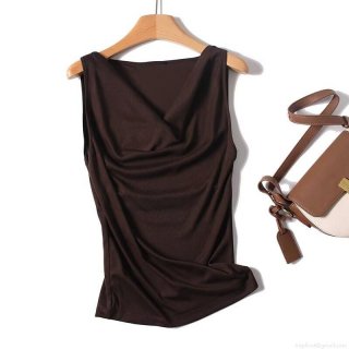 Women's Cowl Neck Sleeveless Top Solid Color Cotton Lyocell Blend Slim Fit Summer Vest For Casual Office Daily Wear Elegant Tank Top